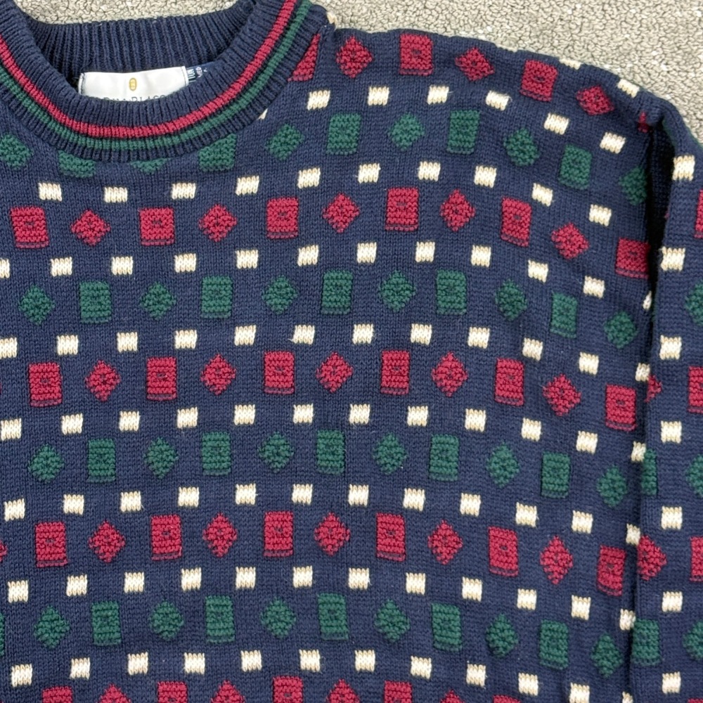Bill Blass Sweater Mens L Navy Blue Geometric Knit Cotton Vintage Coogi Style